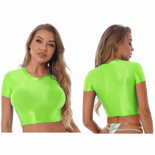 Womens Shiny Crop Tank Tops with Short Fit Fitness Swim Yoga Stretchy Sportswear