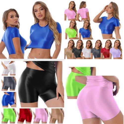 Womens Shiny Crop Tank Tops with Short Fit Fitness Swim Yoga Stretchy Sportswear