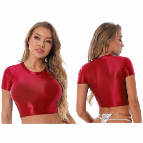 Womens Shiny Crop Tank Tops with Short Fit Fitness Swim Yoga Stretchy Sportswear