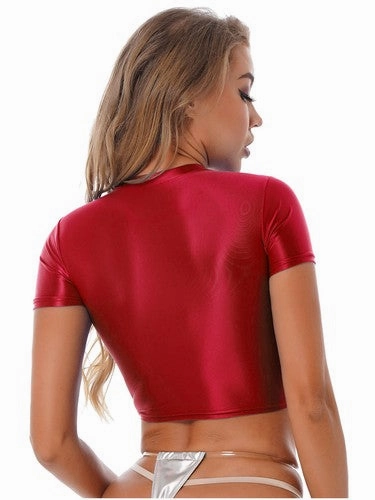 Womens Shiny Crop Tank Tops with Short Fit Fitness Swim Yoga Stretchy Sportswear