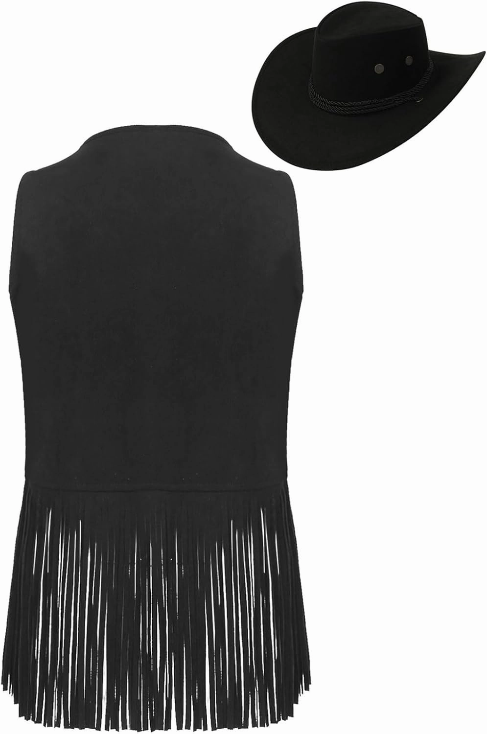 Womens Tassel Vest 70s Hippie Sleeveless Fringe Jacket with Cowgirl Hat Western Faux Suede Outfit
