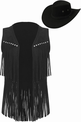 Womens Tassel Vest 70s Hippie Sleeveless Fringe Jacket with Cowgirl Hat Western Faux Suede Outfit