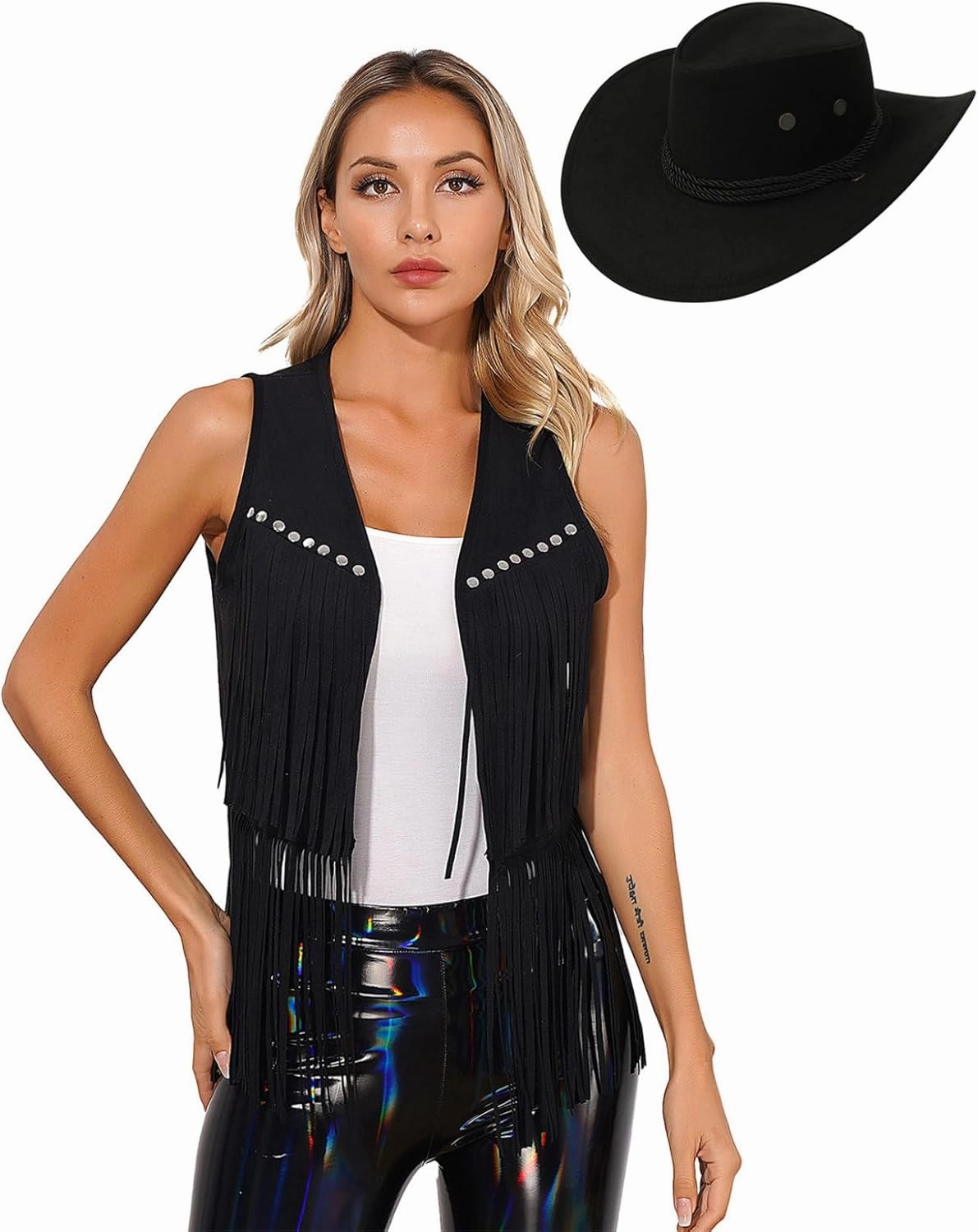 Womens Tassel Vest 70s Hippie Sleeveless Fringe Jacket with Cowgirl Hat Western Faux Suede Outfit