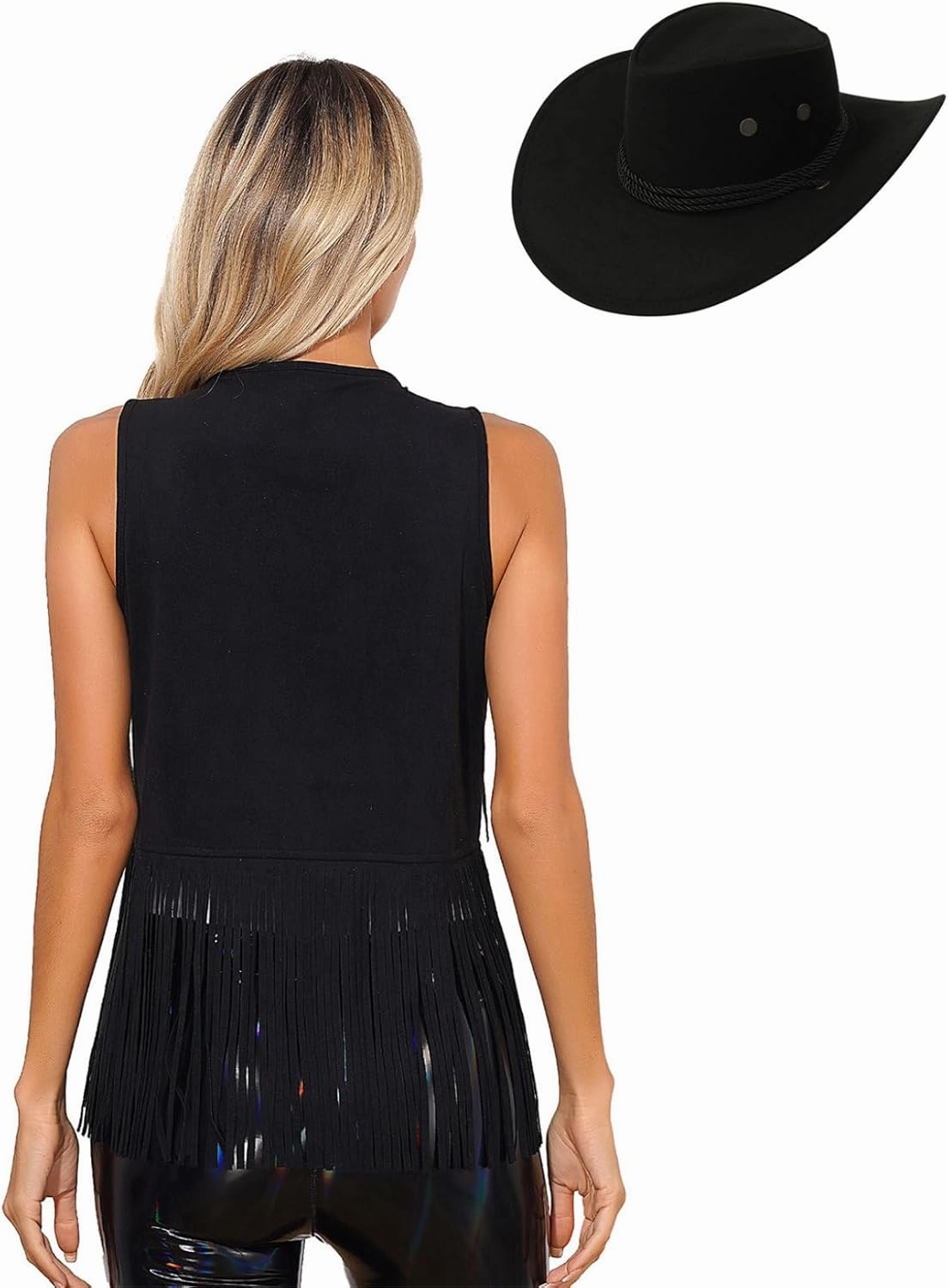 Womens Tassel Vest 70s Hippie Sleeveless Fringe Jacket with Cowgirl Hat Western Faux Suede Outfit