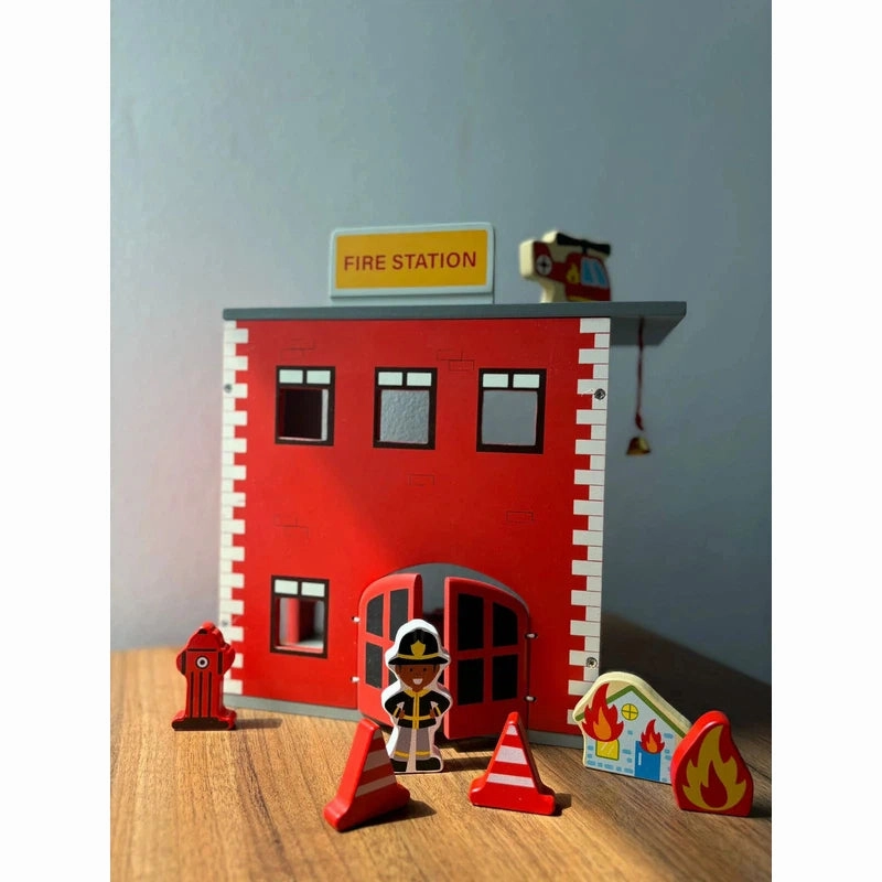 Wooden Fire Station Toy Set with Equipments (3-6 Years)
