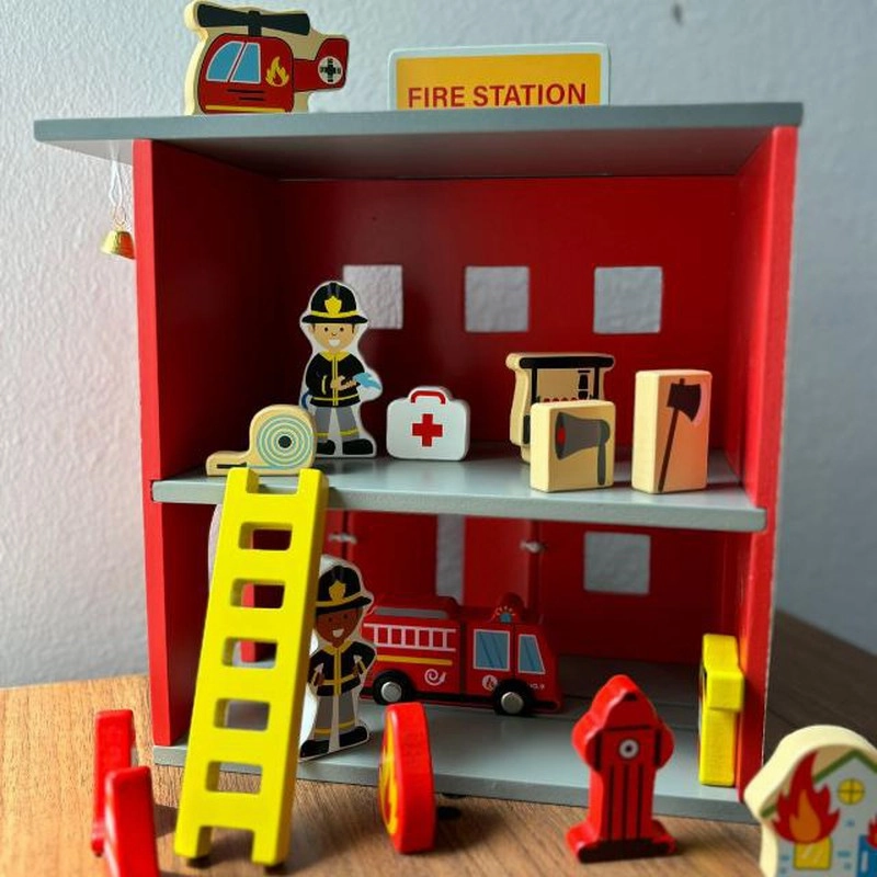 Wooden Fire Station Toy Set with Equipments (3-6 Years)