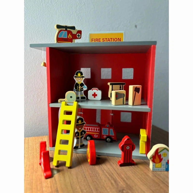 Wooden Fire Station Toy Set with Equipments (3-6 Years)