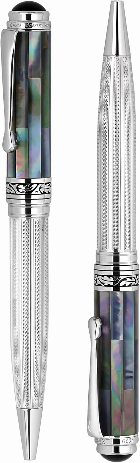 Xezo Maestro Ballpoint Pen, Medium Point. Solid 925 Sterling Silver and Black Mother of Pearl with Pure Platinum Plating. Handcrafted, Limited Edition, Serialized. No Two Alike