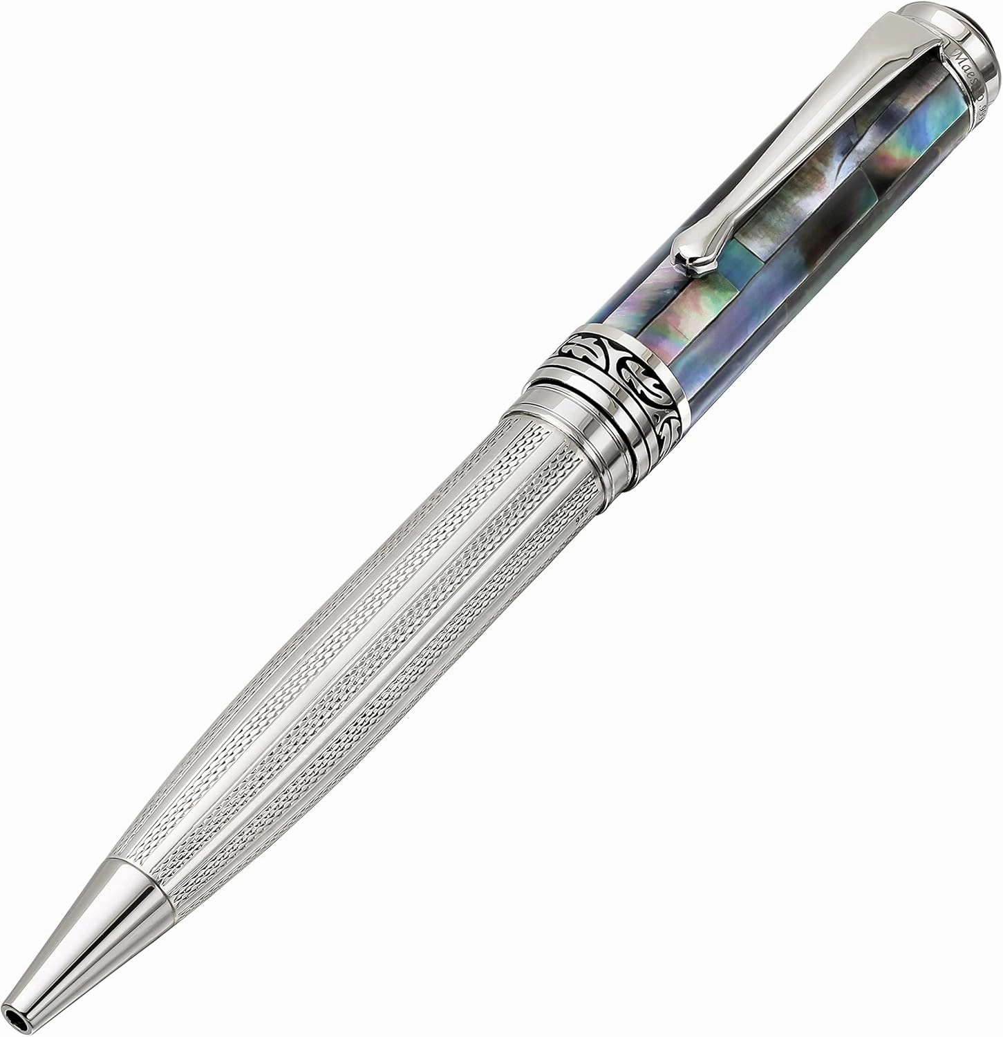 Xezo Maestro Ballpoint Pen, Medium Point. Solid 925 Sterling Silver and Black Mother of Pearl with Pure Platinum Plating. Handcrafted, Limited Edition, Serialized. No Two Alike