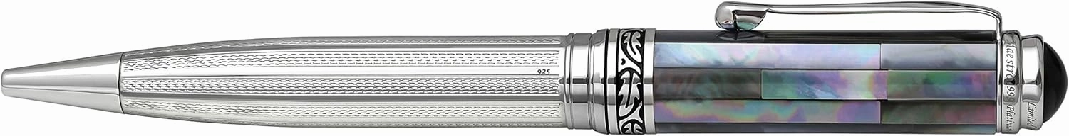 Xezo Maestro Ballpoint Pen, Medium Point. Solid 925 Sterling Silver and Black Mother of Pearl with Pure Platinum Plating. Handcrafted, Limited Edition, Serialized. No Two Alike