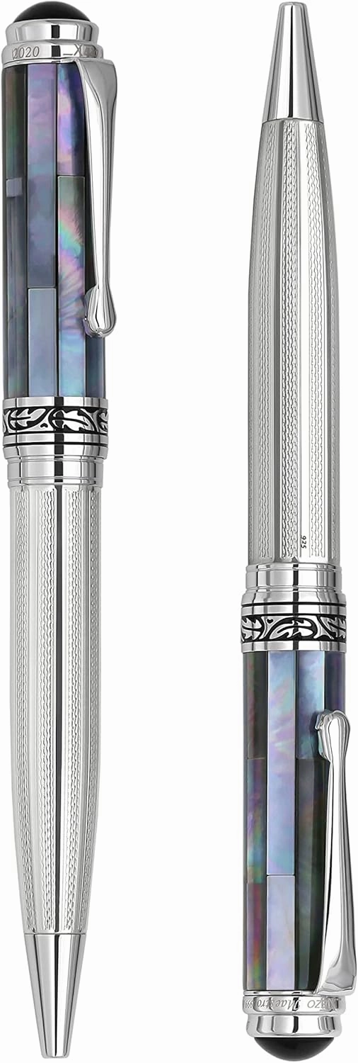 Xezo Maestro Ballpoint Pen, Medium Point. Solid 925 Sterling Silver and Black Mother of Pearl with Pure Platinum Plating. Handcrafted, Limited Edition, Serialized. No Two Alike
