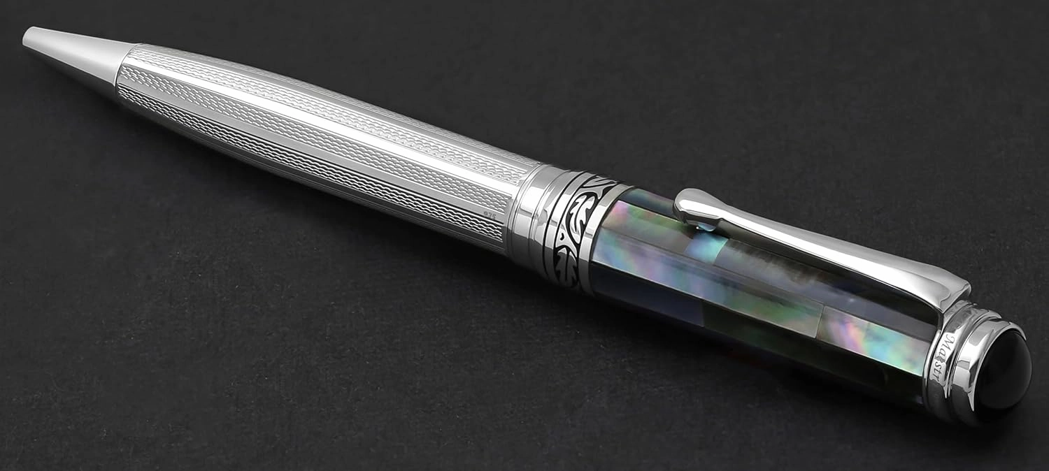 Xezo Maestro Ballpoint Pen, Medium Point. Solid 925 Sterling Silver and Black Mother of Pearl with Pure Platinum Plating. Handcrafted, Limited Edition, Serialized. No Two Alike