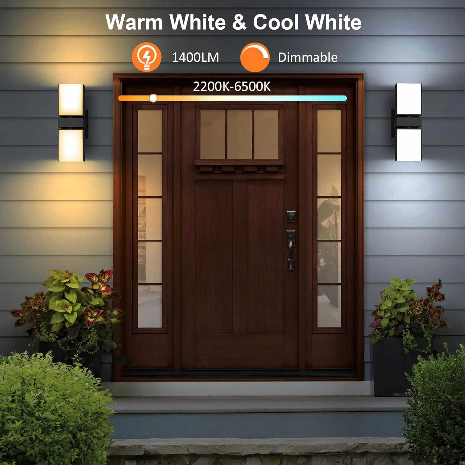 XMCOSY  Outdoor Wall Lights, 1400LM LED Wall Sconces, Smart RGBW Porch Lights Black Exterior Wall Lighting, WiFi APP Control, Works with Alexa, Adjustable Dual-Head IP65 Waterproof Lanterns (1PK)