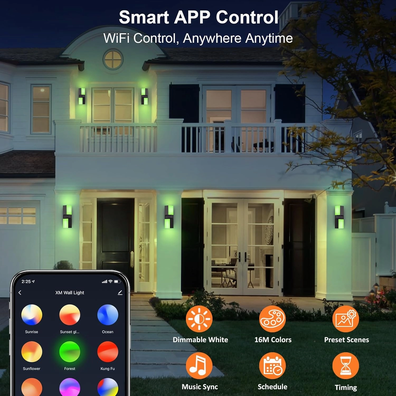 XMCOSY  Outdoor Wall Lights, 1400LM LED Wall Sconces, Smart RGBW Porch Lights Black Exterior Wall Lighting, WiFi APP Control, Works with Alexa, Adjustable Dual-Head IP65 Waterproof Lanterns (1PK)
