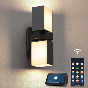 XMCOSY  Outdoor Wall Lights, 1400LM LED Wall Sconces, Smart RGBW Porch Lights Black Exterior Wall Lighting, WiFi APP Control, Works with Alexa, Adjustable Dual-Head IP65 Waterproof Lanterns (1PK)