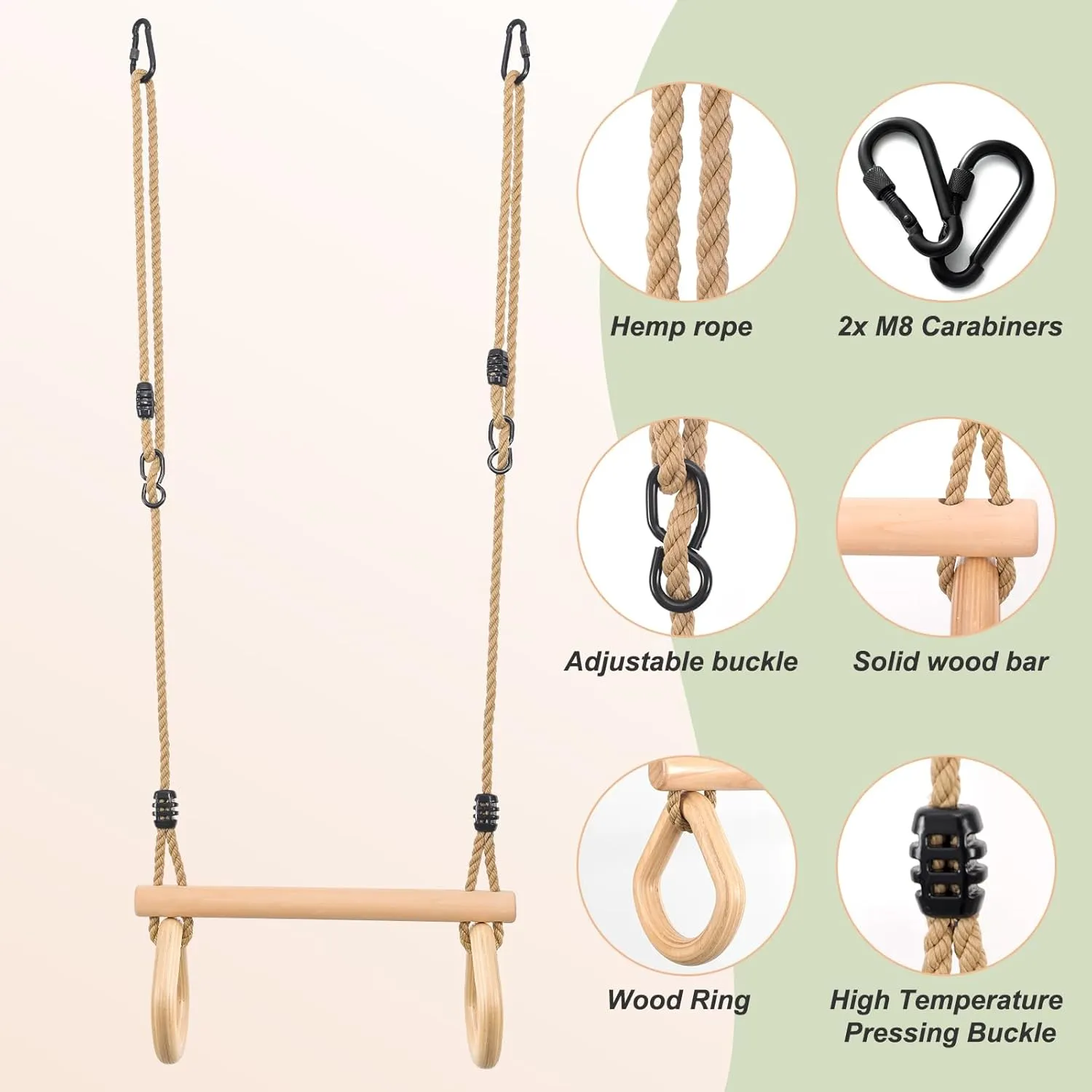 YAERSI Children's Trapeze Swing Bar with Wooden Gym Rings,Trapeze Bar for Swing Set （Water Drop）