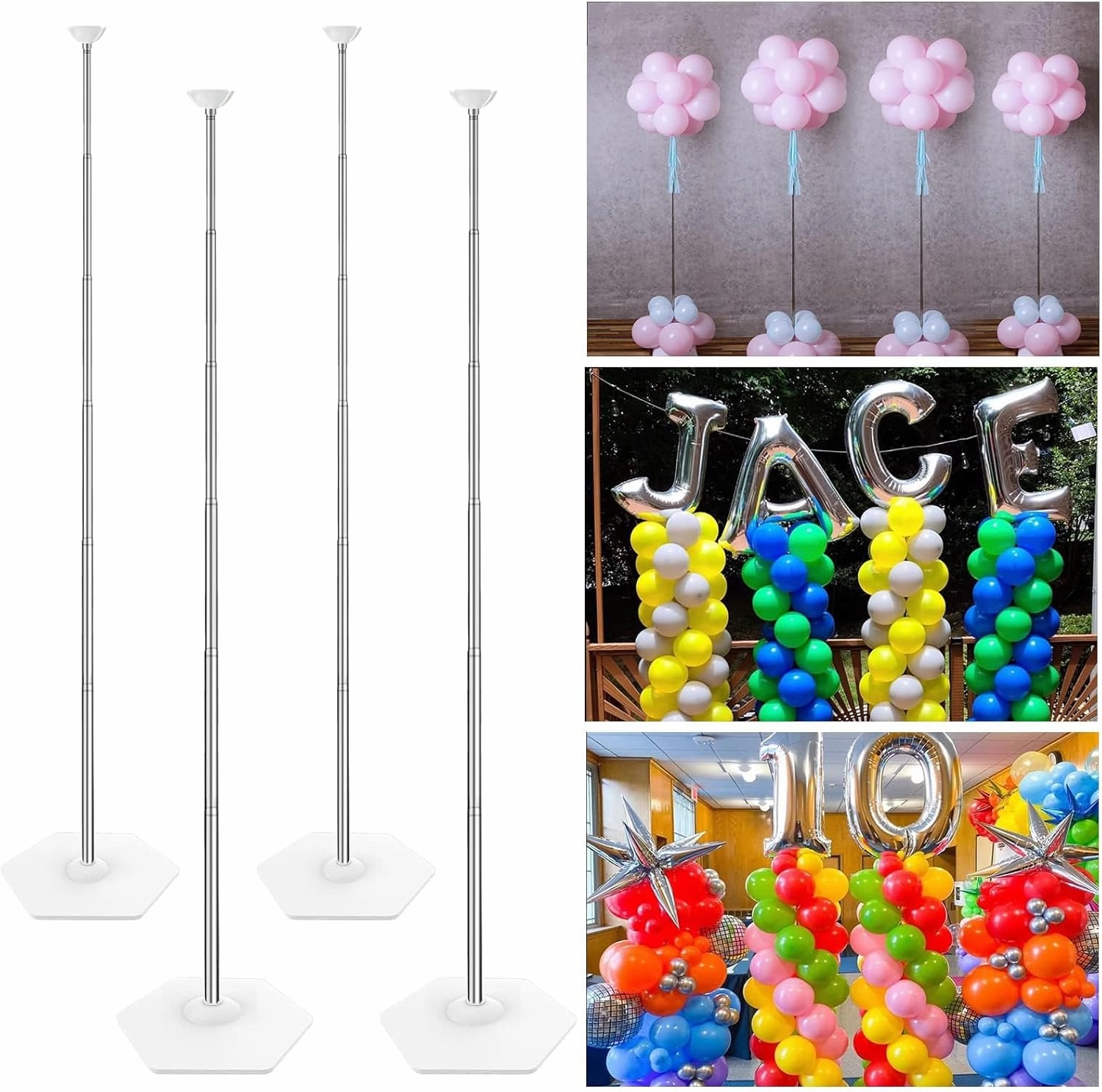 YALLOVE Telescopic Balloon Column Stand, Set of 4, 80 Inch Stainless Steel Balloon Tower Holder, Table Balloon Centerpieces, and Balloon Stand for Floor 2-in-1 Kit