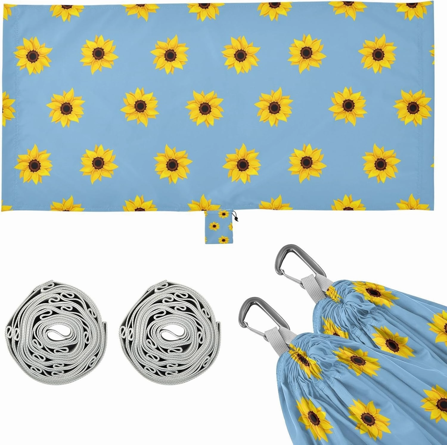 Yellow Sunflowers on Blue Background Camping Hammock with Tree Straps, Portable Lightweight Parachute Hammocks Camping Accessories Gear for Indoor Outdoor Backpacking Travel Hiking Beach