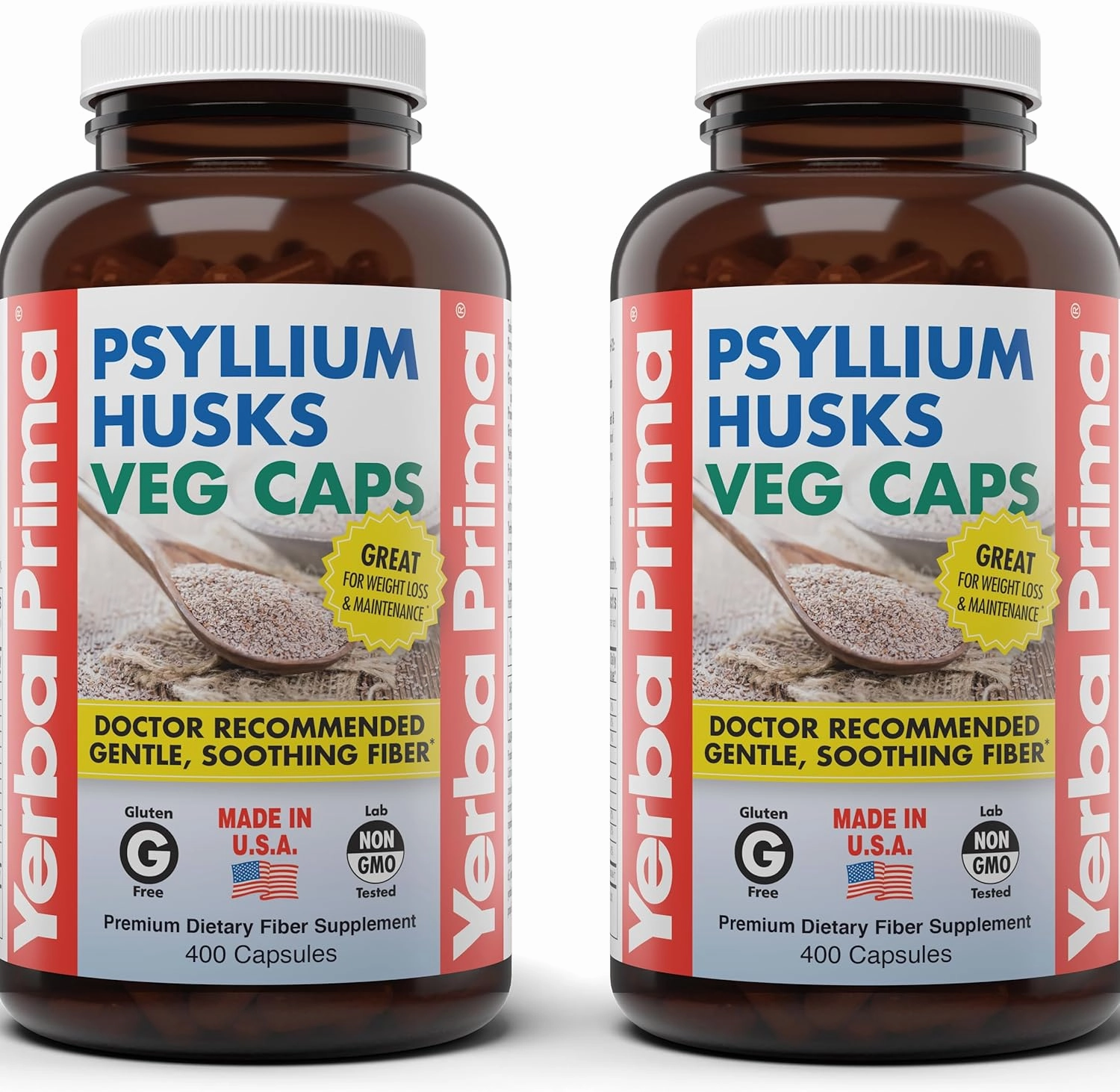 Yerba Prima Psyllium Husks Veg Caps, 400 Capsules (625mg) (Pack of 2) - Vegan, Non-GMO, Gluten Free, Colon Cleanser, Daily Fiber Supplement for Gut Health & Regularity