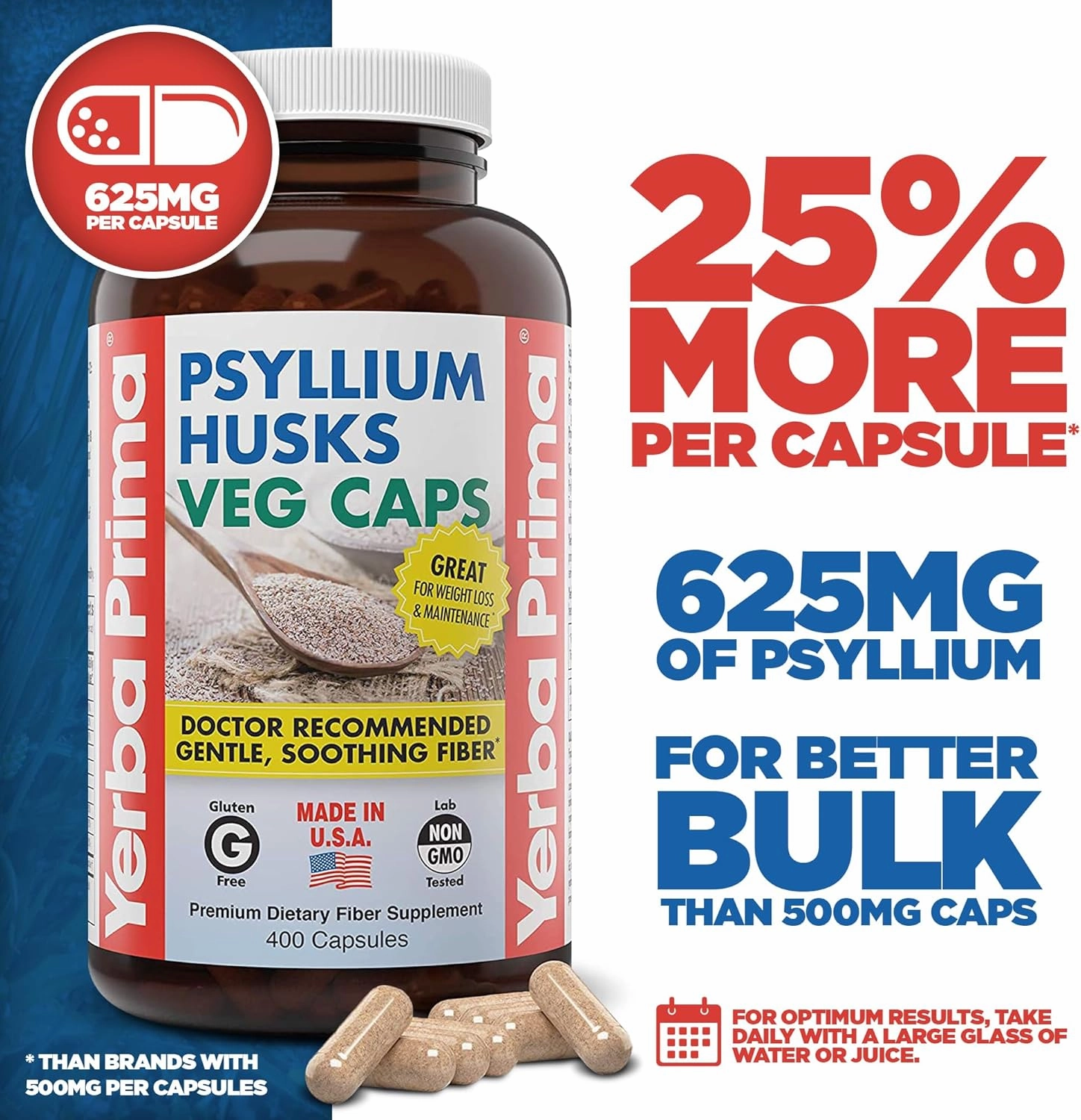 Yerba Prima Psyllium Husks Veg Caps, 400 Capsules (625mg) (Pack of 2) - Vegan, Non-GMO, Gluten Free, Colon Cleanser, Daily Fiber Supplement for Gut Health & Regularity