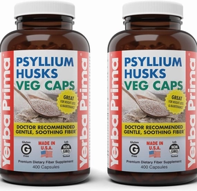 Yerba Prima Psyllium Husks Veg Caps, 400 Capsules (625mg) (Pack of 2) - Vegan, Non-GMO, Gluten Free, Colon Cleanser, Daily Fiber Supplement for Gut Health & Regularity