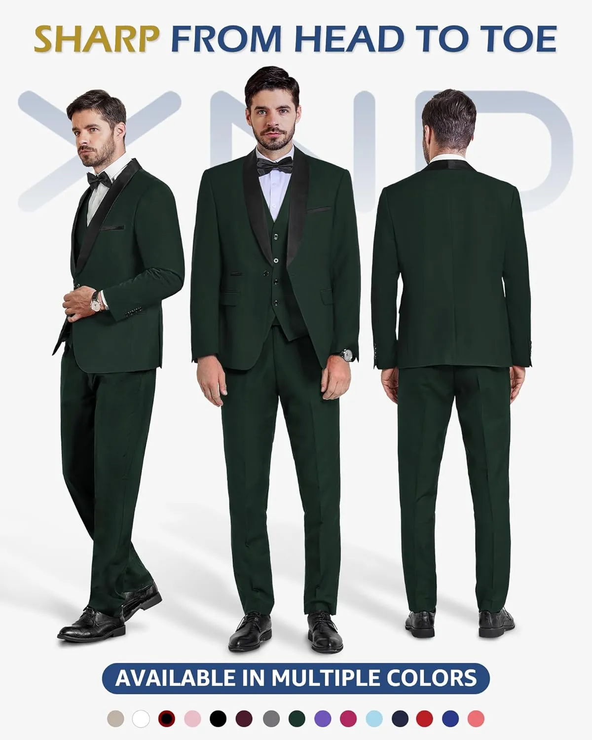 YND Men's 3 Piece Slim Fit Tuxedo Set, One Button Shawl Collar Solid Jacket Vest Pants with Bow Tie