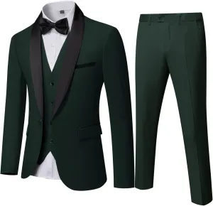 YND Men's 3 Piece Slim Fit Tuxedo Set, One Button Shawl Collar Solid Jacket Vest Pants with Bow Tie