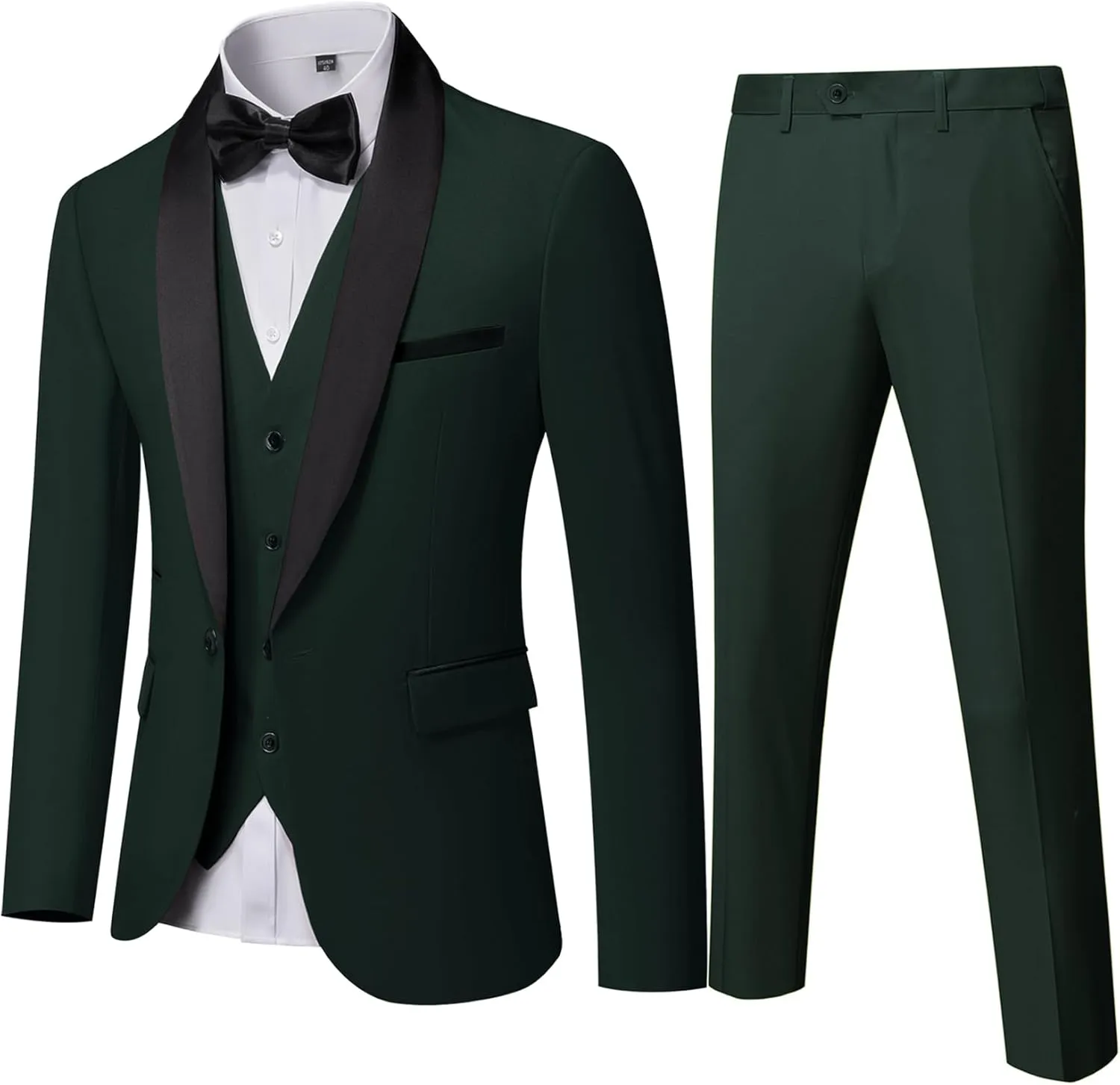 YND Men's 3 Piece Slim Fit Tuxedo Set, One Button Shawl Collar Solid Jacket Vest Pants with Bow Tie