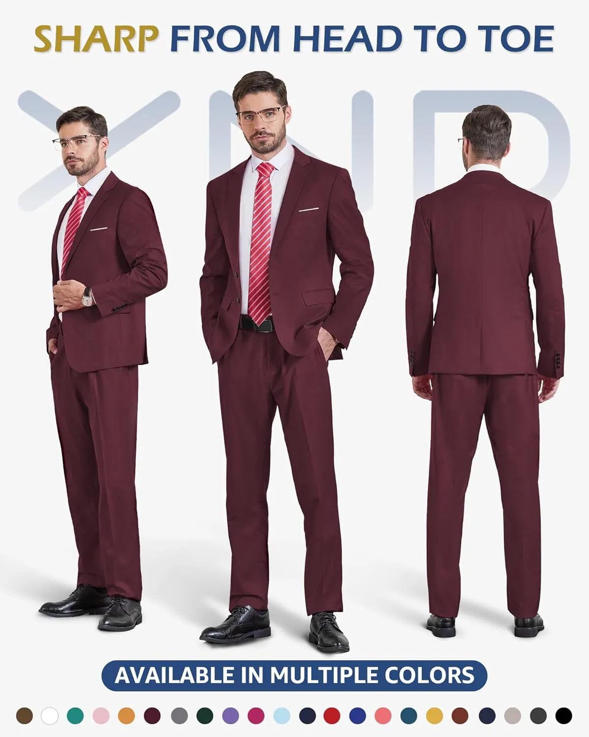 YND Men's Slim Fit 2 Piece Suit, 2 Button Notch Lapel Solid Jacket Pants Set with Tie, Party Wedding Dress Blazer Tux