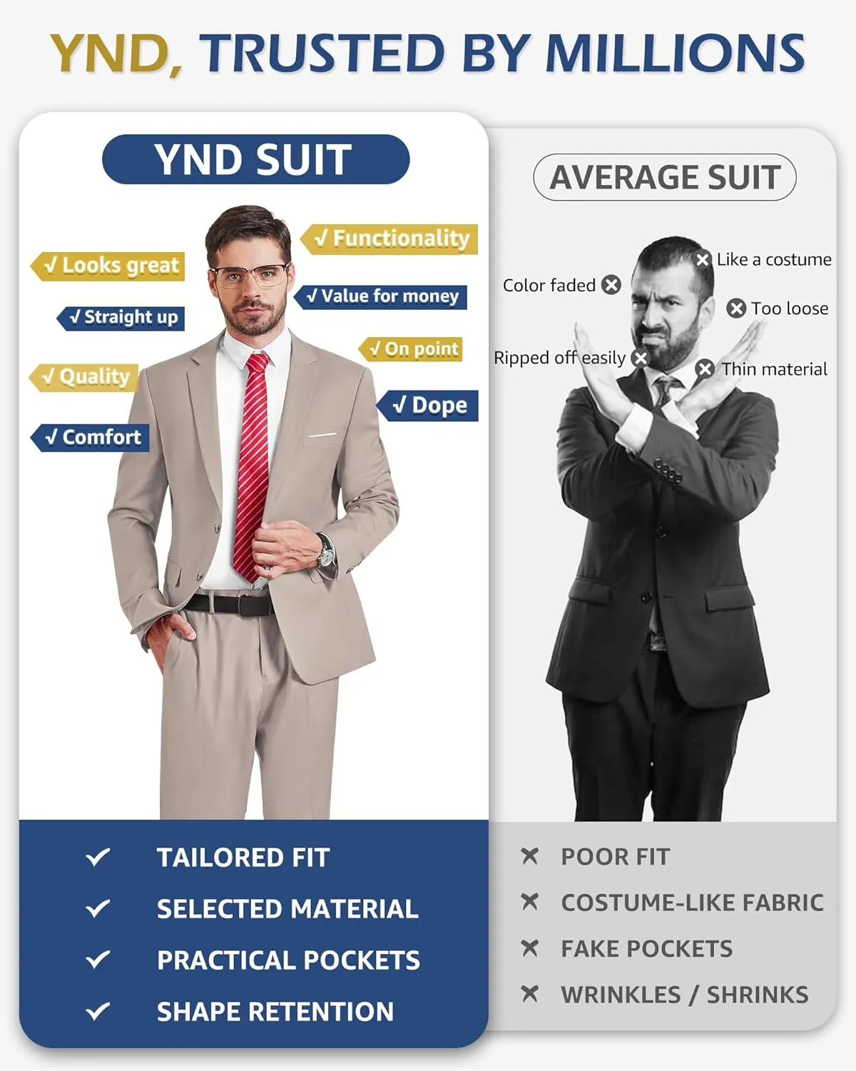 YND Men's Slim Fit 2 Piece Suit, 2 Button Notch Lapel Solid Jacket Pants Set with Tie, Party Wedding Dress Blazer Tux