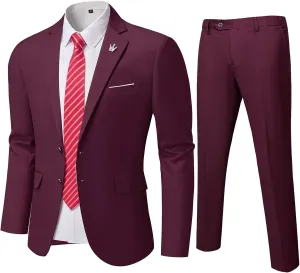 YND Men's Slim Fit 2 Piece Suit, 2 Button Notch Lapel Solid Jacket Pants Set with Tie, Party Wedding Dress Blazer Tux