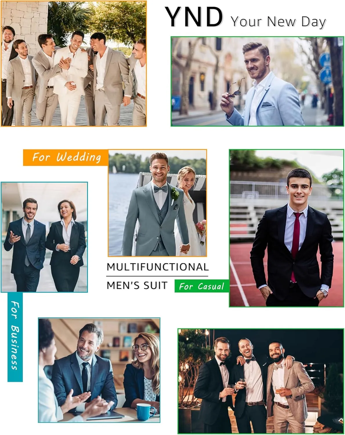 YND Men's Slim Fit 2 Piece Suit, 2 Button Notch Lapel Solid Jacket Pants Set with Tie, Party Wedding Dress Blazer Tux