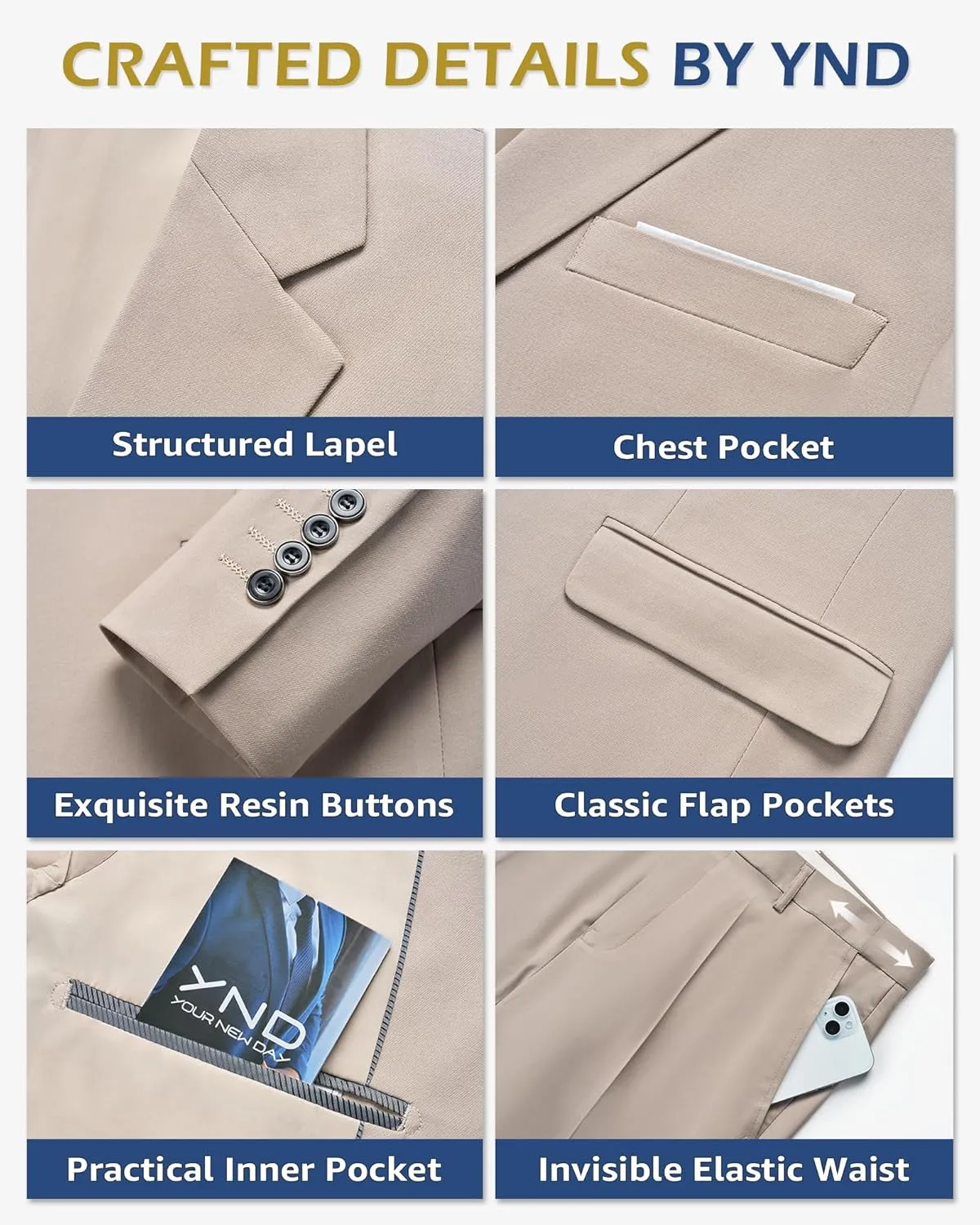 YND Men's Slim Fit 2 Piece Suit, 2 Button Notch Lapel Solid Jacket Pants Set with Tie, Party Wedding Dress Blazer Tux