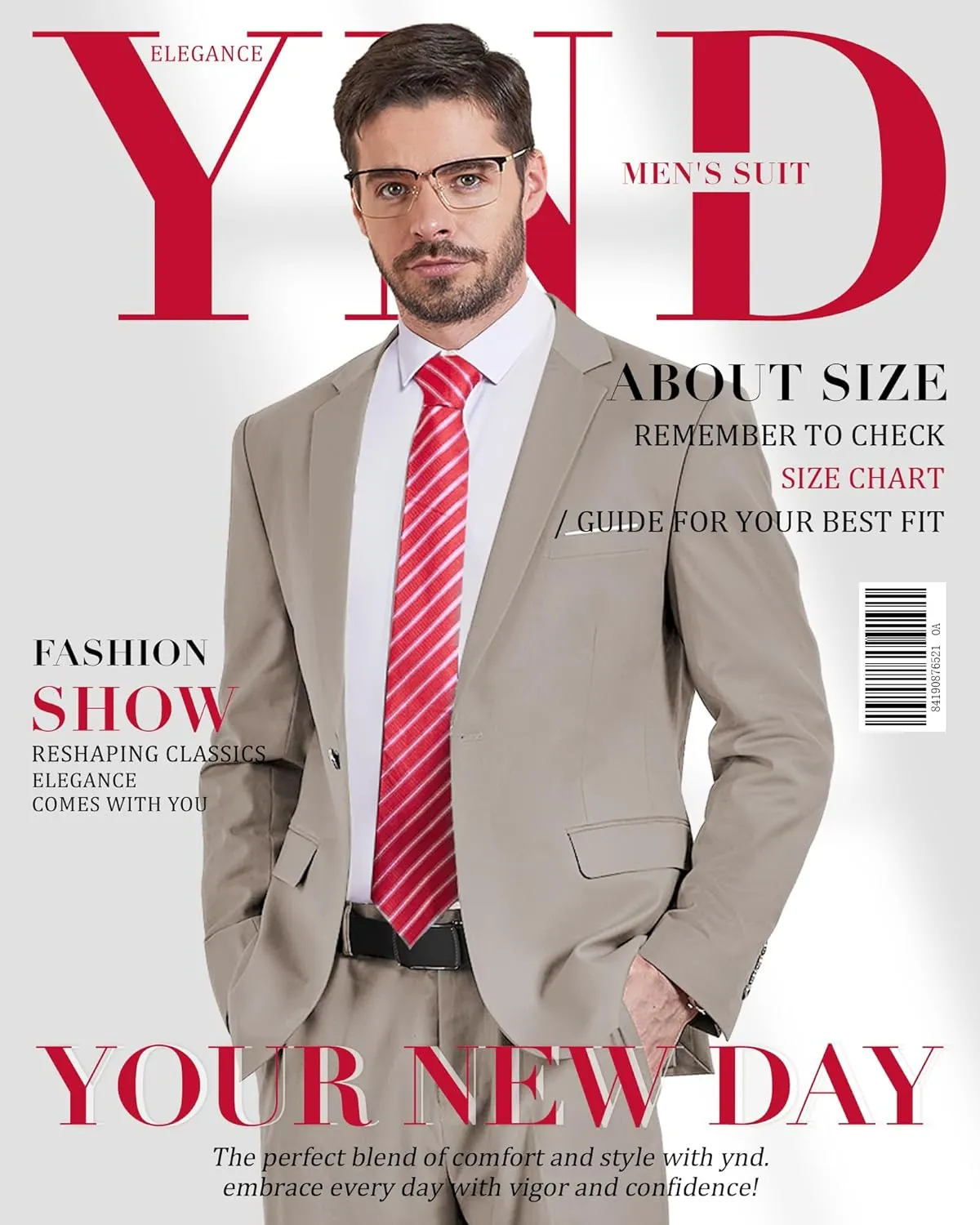 YND Men's Slim Fit 2 Piece Suit, One Button Solid Jacket Pants Set with Tie