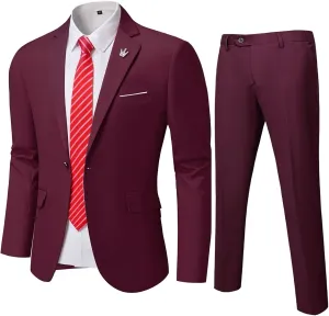 YND Men's Slim Fit 2 Piece Suit, One Button Solid Jacket Pants Set with Tie