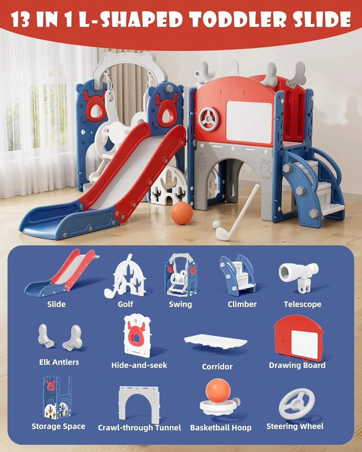 YUFU 13 in 1 Kids Slide for Toddlers, Toddler Slide Playset with Swing, Golf, Drawing Board, Basketball Hoop and Storage Space, Indoor Outdoor Toddler Playground for Kids Age 1-3 (Blue Red)
