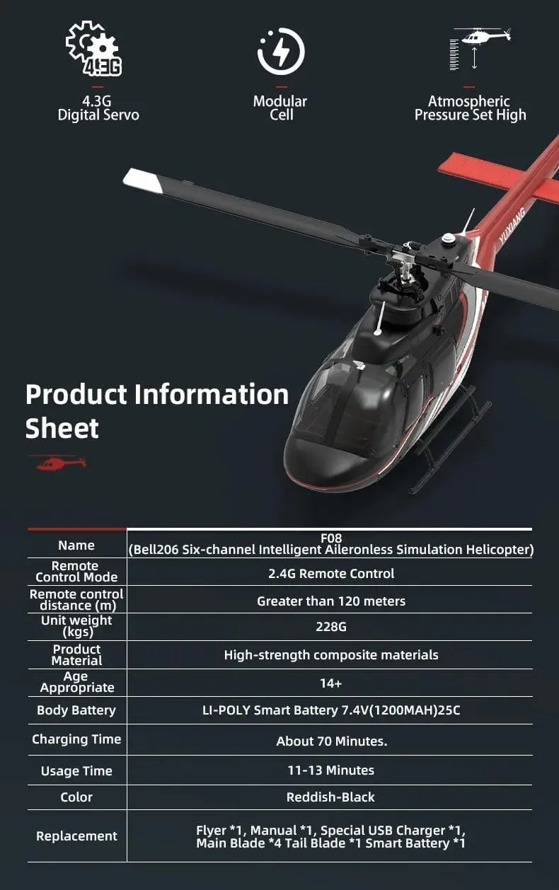 YUXIANG F08 Bell206 1/27 Scale RC Helicopter for Adult, 2.4G 6CH Brushless Direct-Drive Flybarless Helicopter Model with Optical Flow Positioning - 1pcs Battery