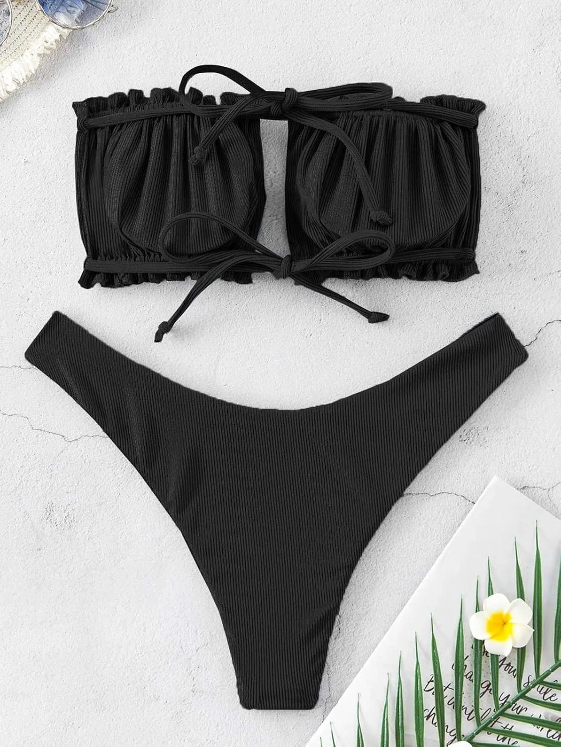 ZAFUL Women 2 Piece Strapless Bikini Swimsuits Ruffle Ribbed Self Tie Bandeau Bikini Set High Cut String Bathing Suits