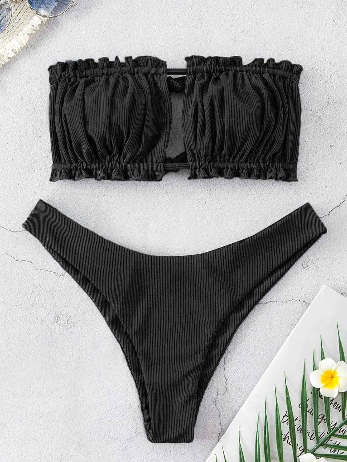 ZAFUL Women 2 Piece Strapless Bikini Swimsuits Ruffle Ribbed Self Tie Bandeau Bikini Set High Cut String Bathing Suits