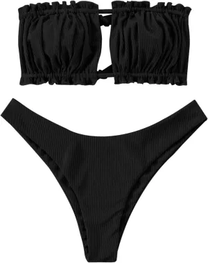 ZAFUL Women 2 Piece Strapless Bikini Swimsuits Ruffle Ribbed Self Tie Bandeau Bikini Set High Cut String Bathing Suits