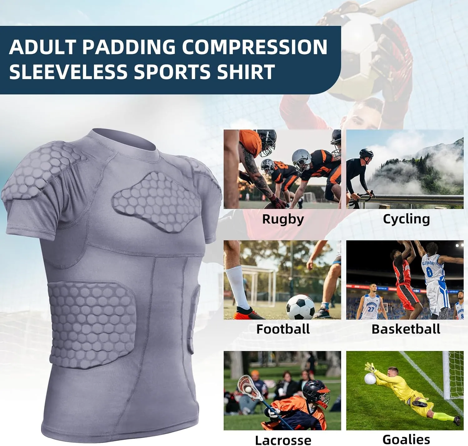 Zicac Men's Sports Shock Rash Guard Compression Padded Shirt Soccer Basketball Protective Gear Chest Rib Guards