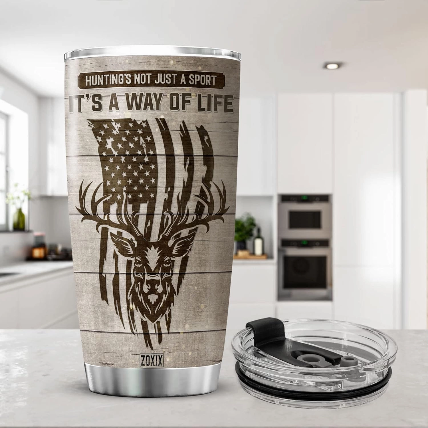ZOXIX Custom Hunting Theme Tumbler Wood Background American Vintage Gifts For Men Unique Stainless Steel Cup 20oz Insulated Deer Travel Mug Personalized Picture Tumbler