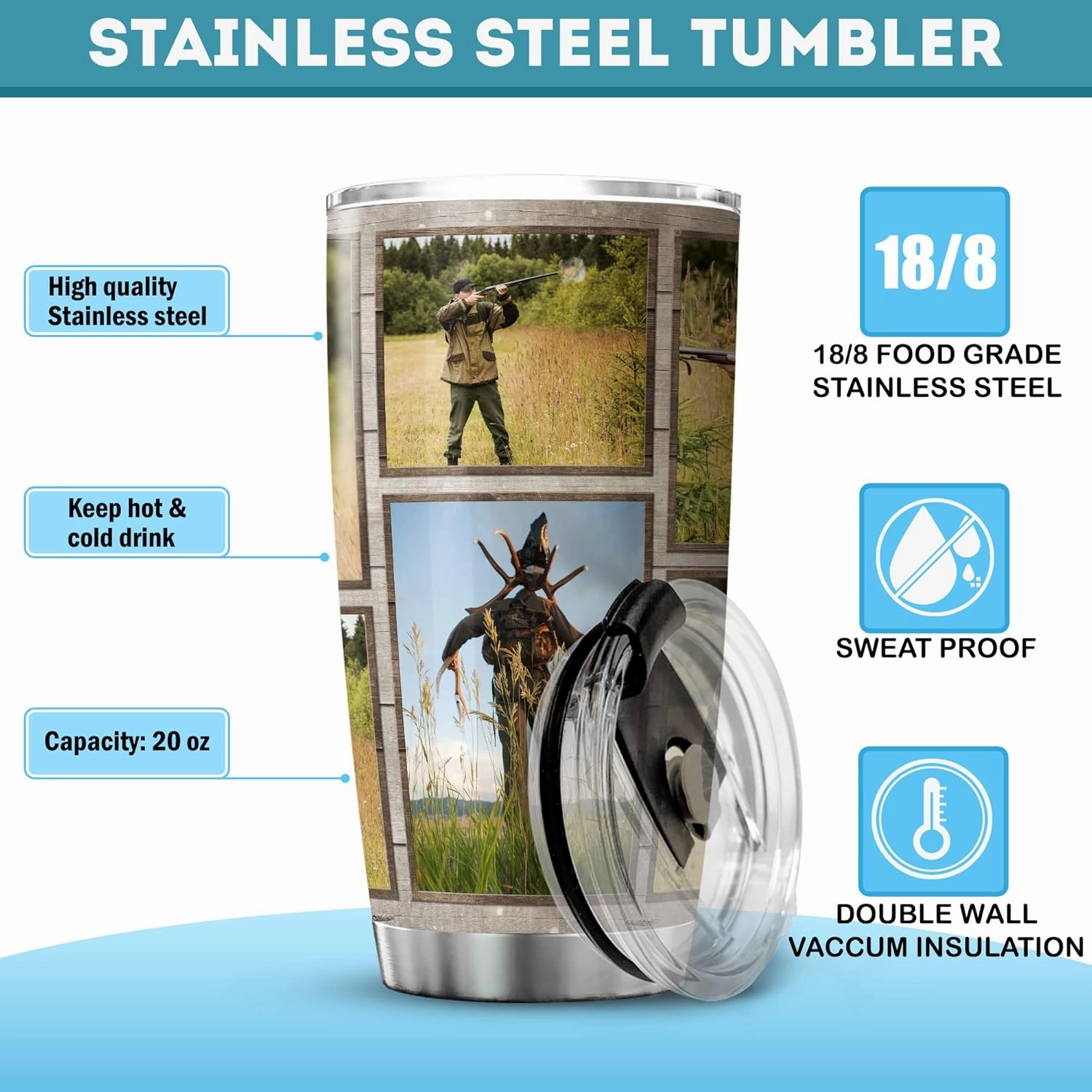 ZOXIX Custom Hunting Theme Tumbler Wood Background American Vintage Gifts For Men Unique Stainless Steel Cup 20oz Insulated Deer Travel Mug Personalized Picture Tumbler