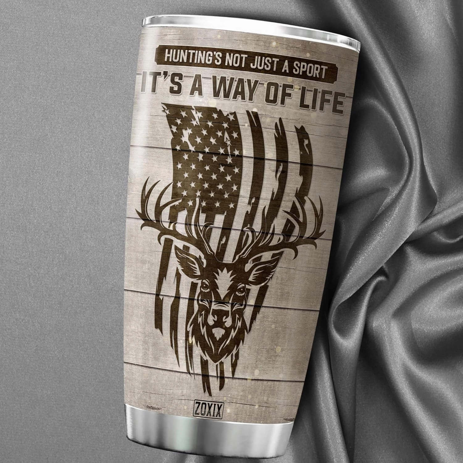 ZOXIX Custom Hunting Theme Tumbler Wood Background American Vintage Gifts For Men Unique Stainless Steel Cup 20oz Insulated Deer Travel Mug Personalized Picture Tumbler