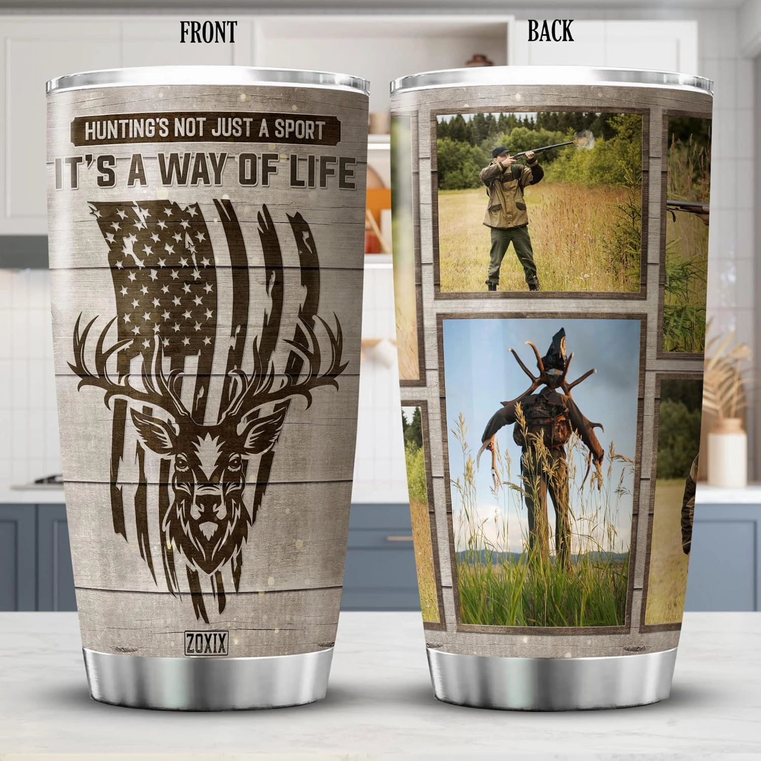 ZOXIX Custom Hunting Theme Tumbler Wood Background American Vintage Gifts For Men Unique Stainless Steel Cup 20oz Insulated Deer Travel Mug Personalized Picture Tumbler