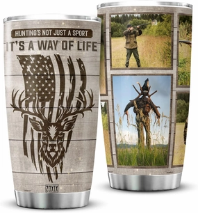 ZOXIX Custom Hunting Theme Tumbler Wood Background American Vintage Gifts For Men Unique Stainless Steel Cup 20oz Insulated Deer Travel Mug Personalized Picture Tumbler