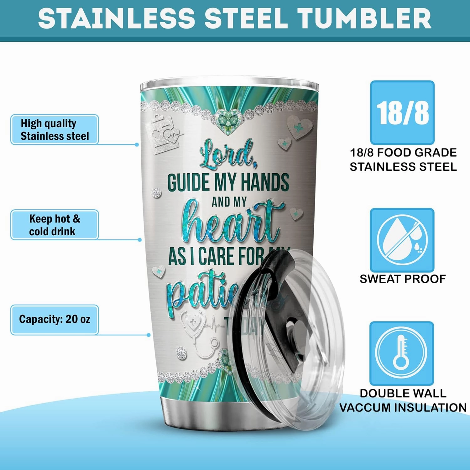 ZOXIX Doctor Coffee Tumbler Jewelry Style Lord Guide My Hands And My Heart As I Care For My Patients Today Stainless Steel Cup 20oz Christian Gifts For Doctors MD Physician Mugs