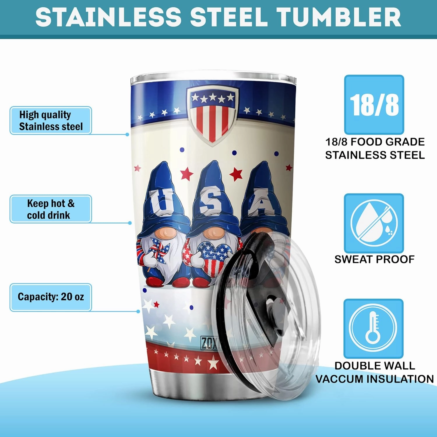 ZOXIX Gnome Tumbler Stainless Steel America Land That We Love Independence Day USA Flag Patriotic Gift For Women Cute Gnome Coffee Cup With Lid Proud American Mug Fourth Of July