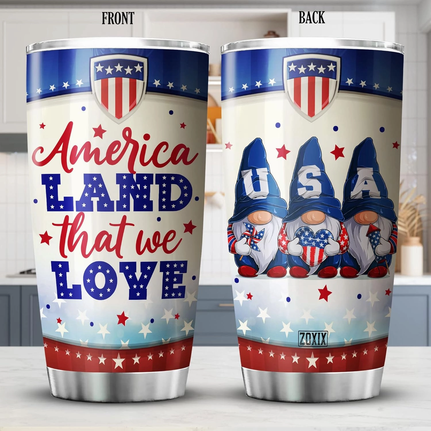 ZOXIX Gnome Tumbler Stainless Steel America Land That We Love Independence Day USA Flag Patriotic Gift For Women Cute Gnome Coffee Cup With Lid Proud American Mug Fourth Of July