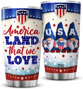 ZOXIX Gnome Tumbler Stainless Steel America Land That We Love Independence Day USA Flag Patriotic Gift For Women Cute Gnome Coffee Cup With Lid Proud American Mug Fourth Of July